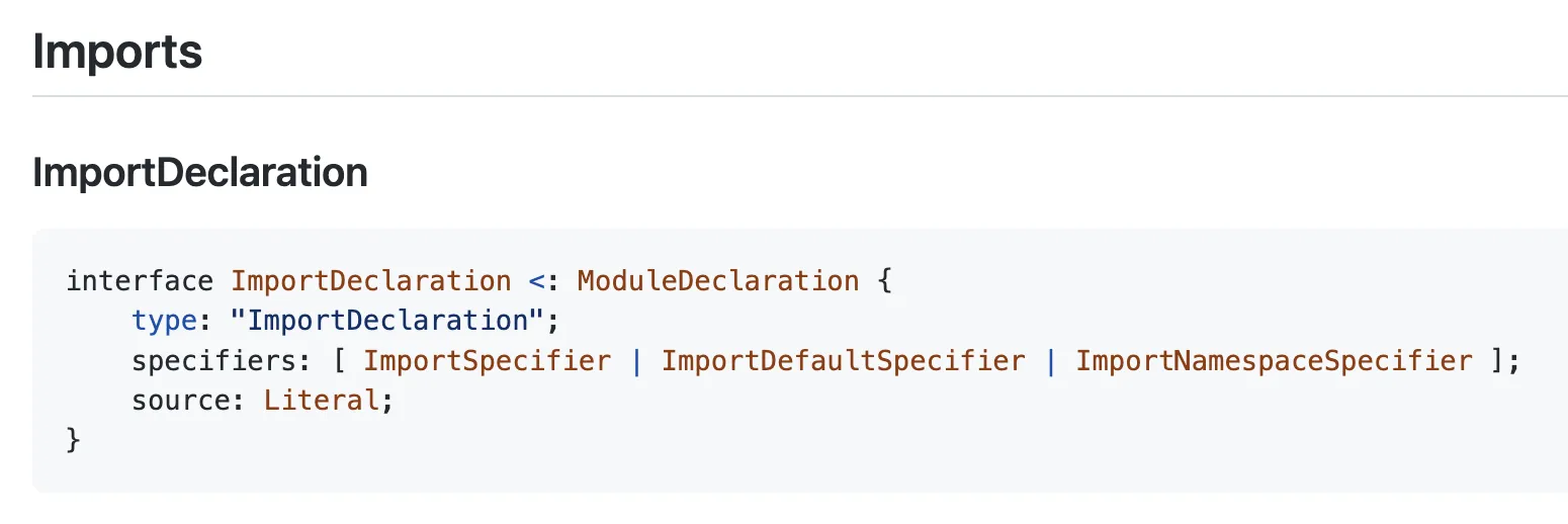 The ESTree es2015 spec entry for an ImportDeclaration node.