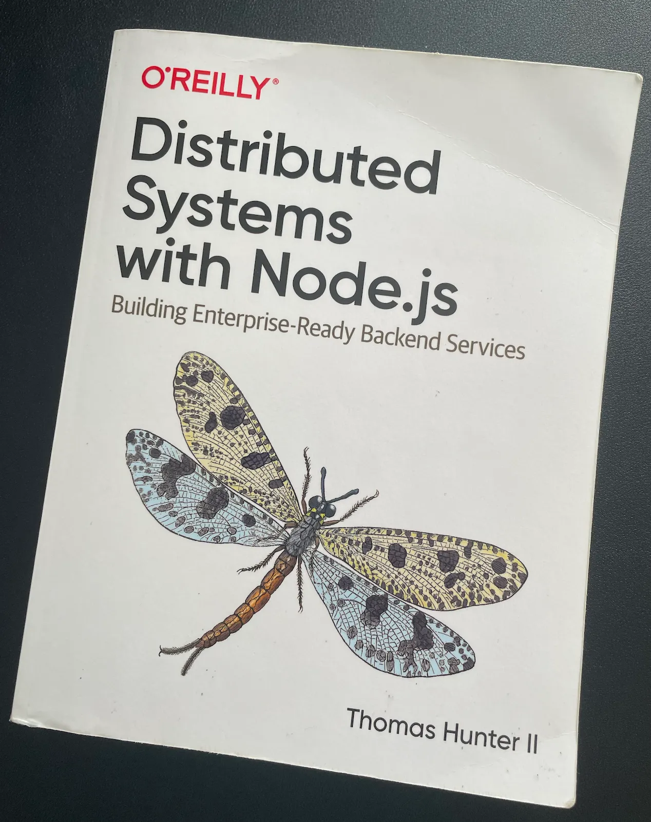 Visibly worn copy of the O'Reilly book "Distributed Systems with Node.js: Building Enterprise-Ready Backend Services" by Thomas Hunter II, resting on a dark background.