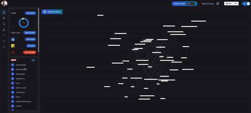 Animated preview of the skott web app v2 navigating an interactive project dependency graph.